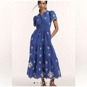 Anthropologie Somerset Embroidered Maxi Tiered Dress Blue White 1X